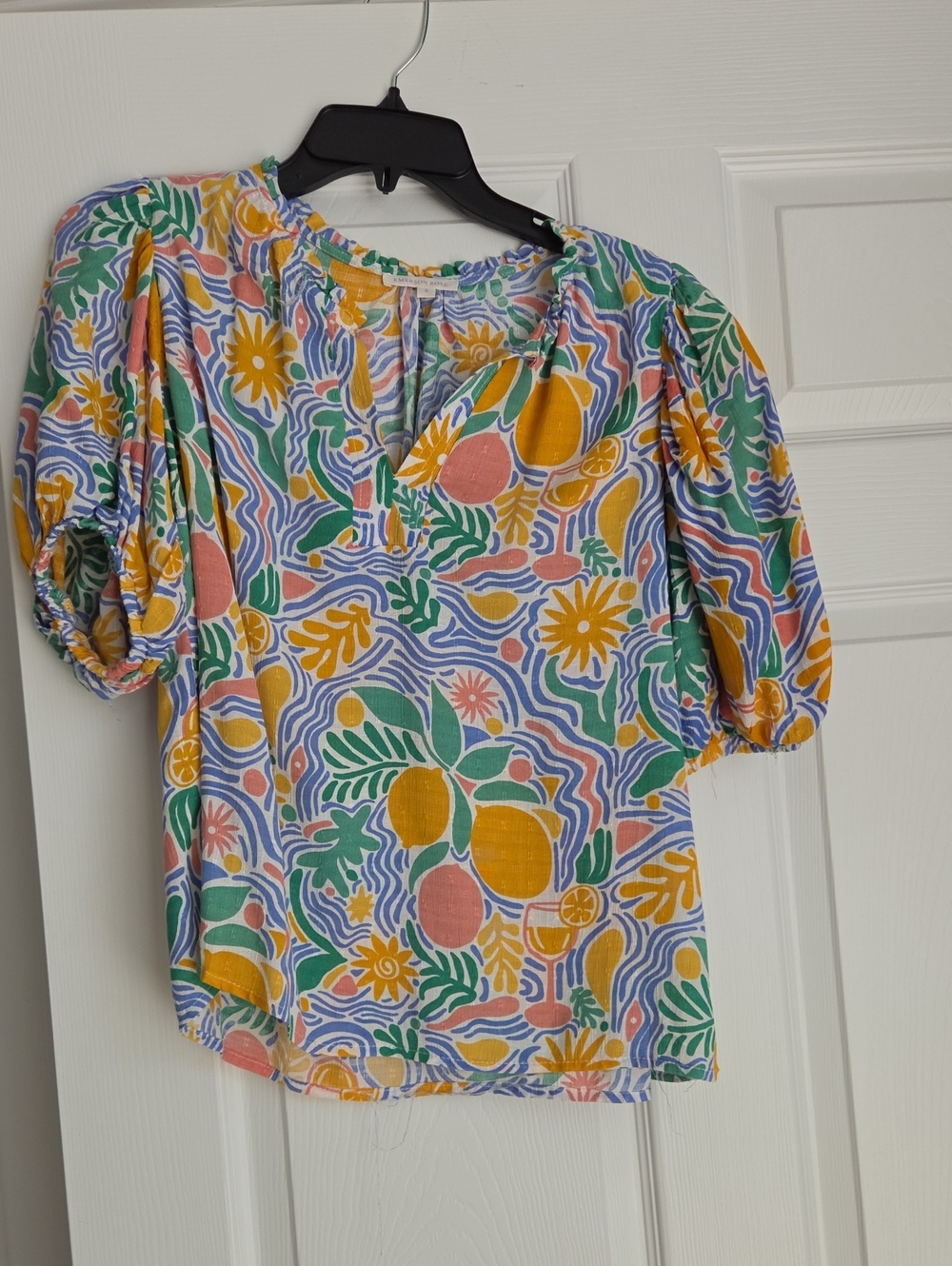 Floral Citrus Puff-Sleeve Blouse in Yellow, Pink & Green
